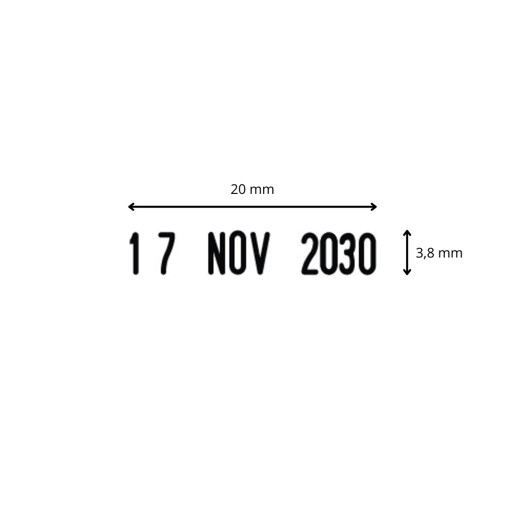 Dimensions de l'empreinte du tampon dateur : 21 mm x 3,8 mm – Exemple de date tamponnée en encre noire.