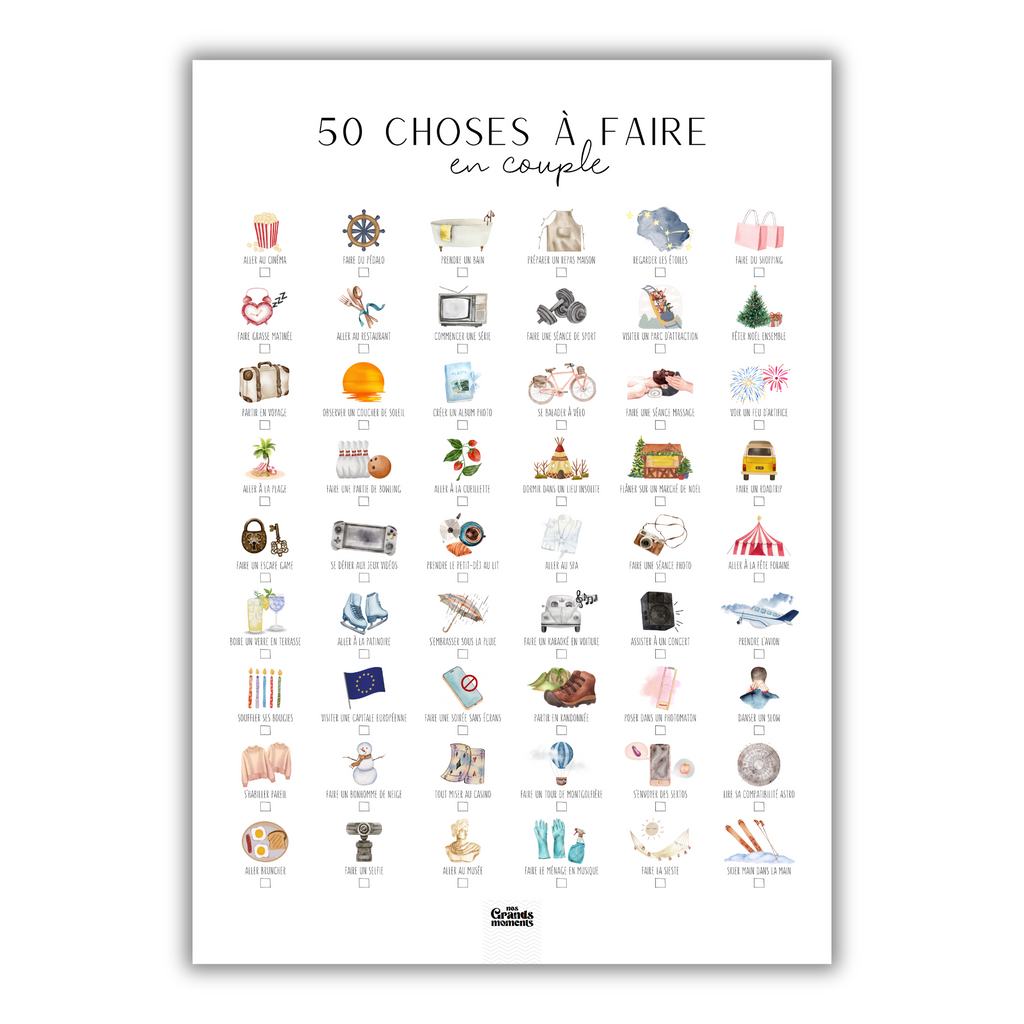 Affiche à cocher 50 choses à faire en couple