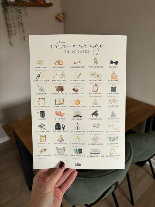 Affiche de mariage à tamponner "Notre mariage en 40 dates" - Nos Grands Moments