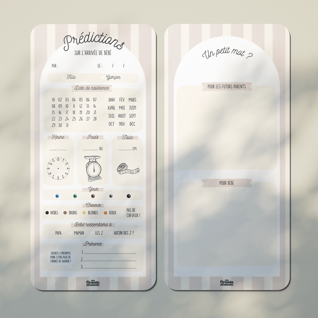 Carte de prédictions naissance bébé NUDE avec prédictions au recto, zones pour écrire un mot pour les futures parents et le bébé au verso. 