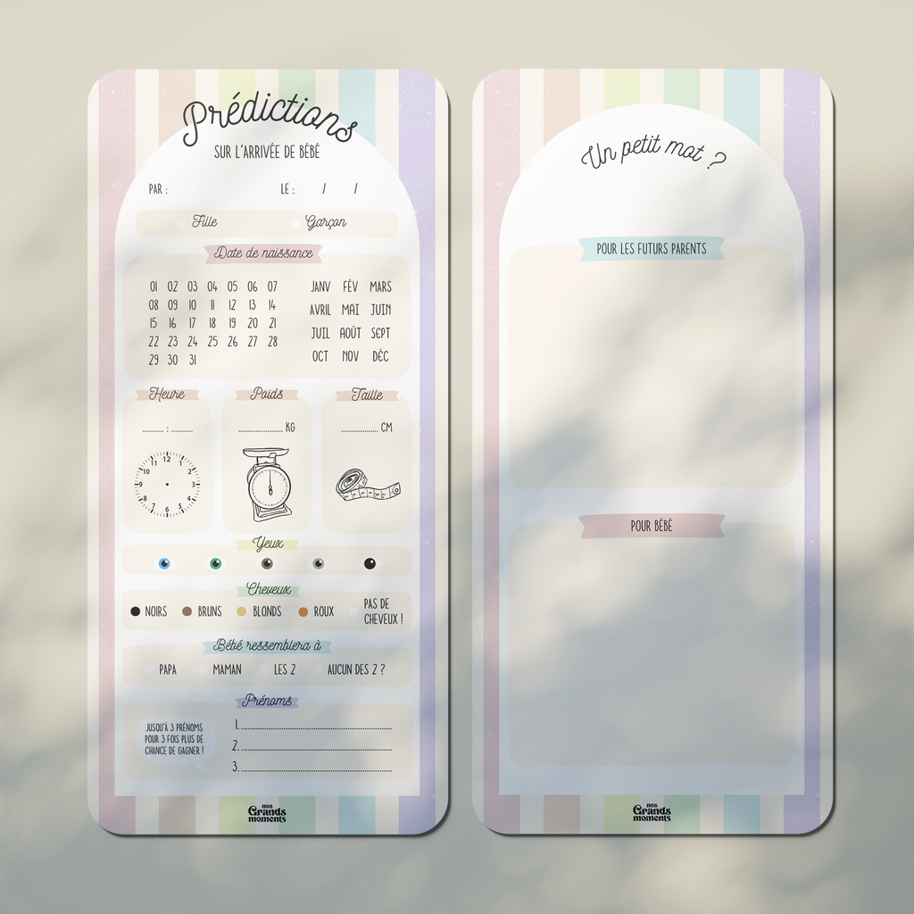 Carte de pronostics bébé RAINBOW avec prédictions à remplir au recto et espaces pour écrire un mot aux futurs parents et au bébé au verso. 